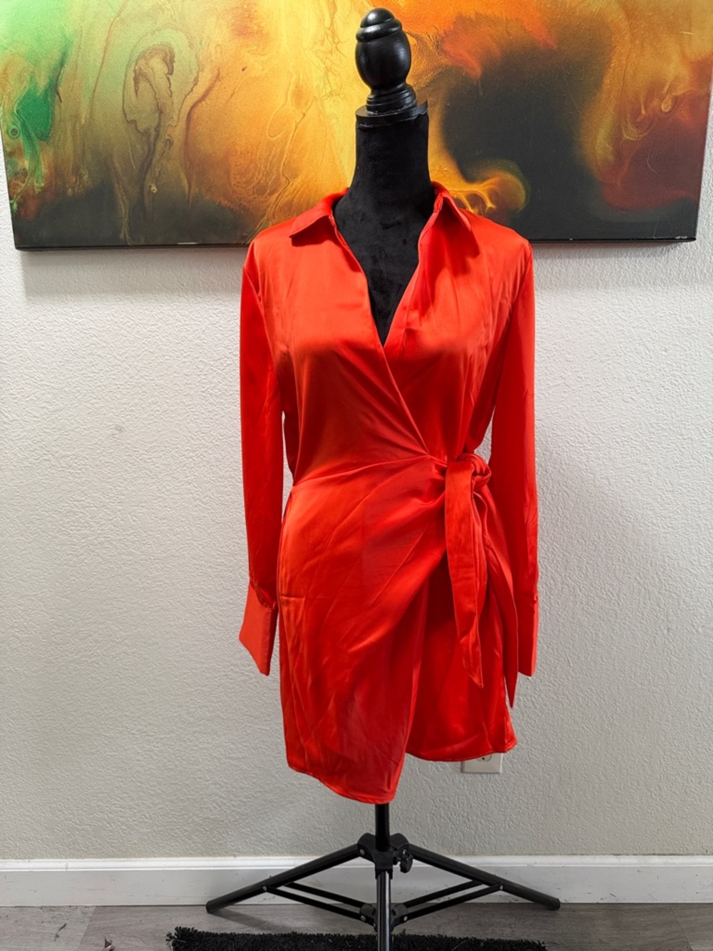 Orange Satin Wrap Dress with Tie Waist